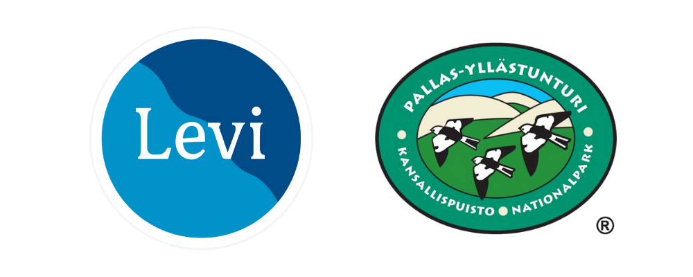 Levin pyöreä sininen logo Levi-tekstillä ja Pallas-Yllästunturin kansallispuiston logo
